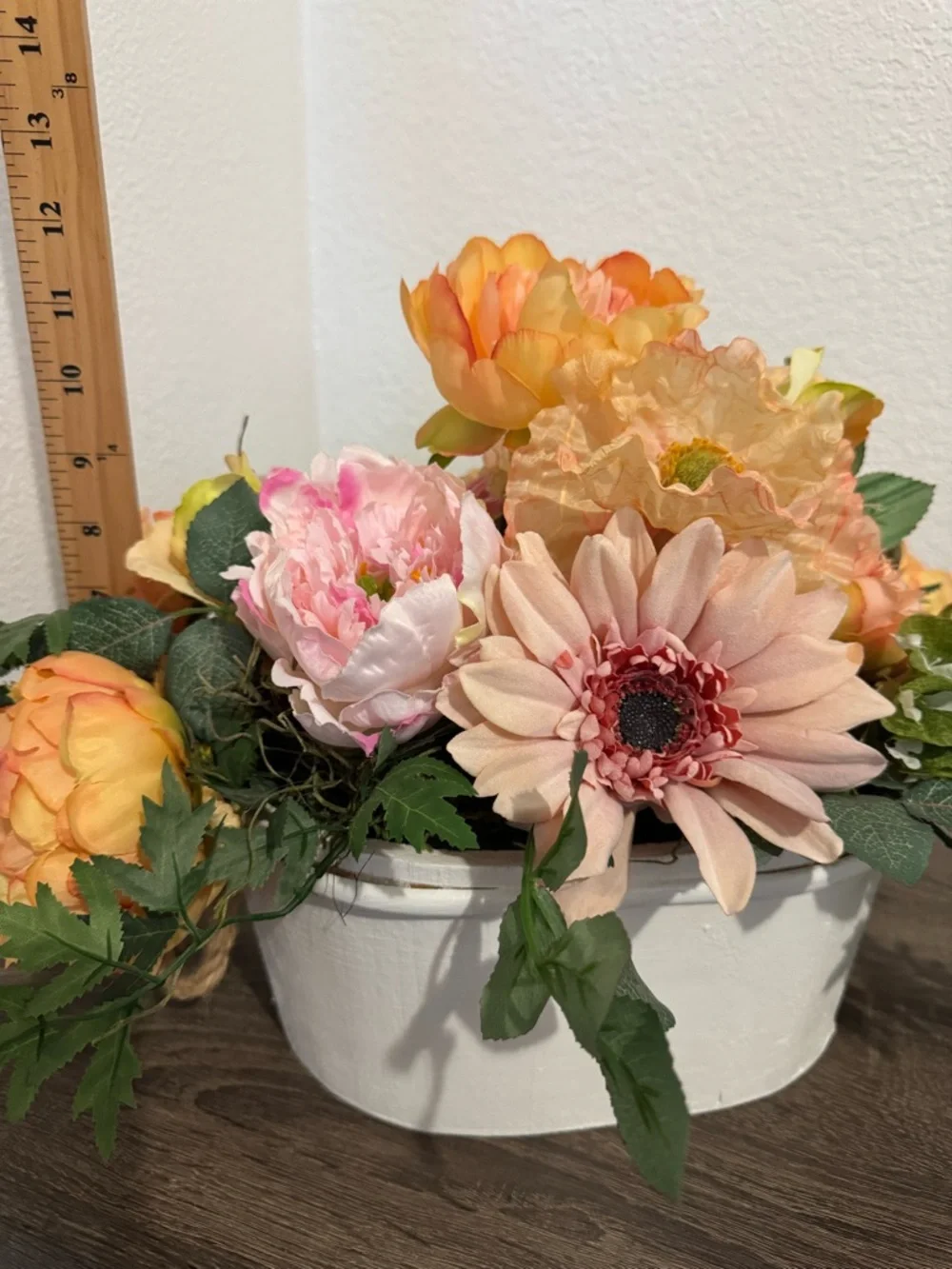 Vtg. Peach Floral Arrangement in White Wood Basket - Home Accents